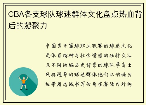 CBA各支球队球迷群体文化盘点热血背后的凝聚力