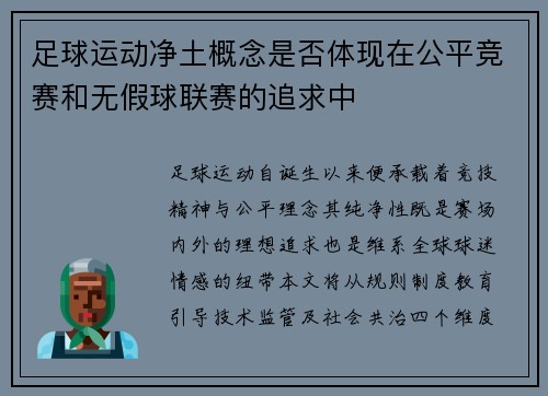 足球运动净土概念是否体现在公平竞赛和无假球联赛的追求中